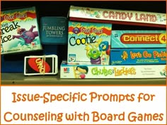 some games are stacked on top of each other with the words issue specific prompts for consulting with board games