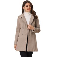 Timeless, sophisticated, and versatile, the regular-fit peacoat is an essential piece for your wardrobe. Cut in a short tailored silhouette with a doll collar, slanted pockets, and double-breasted front black buttons. Wear over chunky knitted jumpers and cute boots for a playful take on cold-weather textures. The fabric of this trench coat is soft, breathable, and comfortable to wear in winter, good quality, and chic. This fashionable and trendy clothes for women can not only be worn daily, but Fitted Pea Coat For Office, Fitted Pea Coat With Hidden Button Closure, Fitted Pea Coat For Work, Fitted Beige Double-breasted Pea Coat, Beige Fitted Pea Coat With Lapel Collar, Fitted Beige Pea Coat With Lapel Collar, Fitted Beige Pea Coat For Work, Beige Outerwear With Double Button Closure For Office, Beige Office Wear Outerwear With Double Button Closure