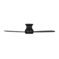 a ceiling fan that is black and has a light on it's blades