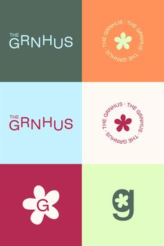 the grnhus logo is shown in four different colors and font styles, including one for