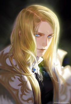 an anime character with long blonde hair and blue eyes