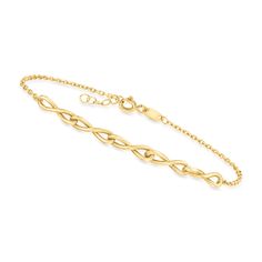 Ross-Simons - 10kt Yellow Gold Twisted Infinity-Link Bracelet. 6.5". Canaria fine jewelry. Perfect for everyday wear, these genuine 10kt gold wardrobe essentials are fashionable, fun and designed to last a lifetime. Strong and durable, our collection of gold classics is always a great value. This 10kt yellow gold bracelet features a centerpiece of twisted infinity links stationed on a cable chain with a 1/2" extender. Springring clasp, 10kt yellow gold twisted infinity-link bracelet. Gold Wardrobe, Top Selling Jewelry, Pretty Pendant, Italian Jewelry, Yellow Gold Bracelet, Fine Jewels, Butterfly Pendant, Selling Jewelry, High Quality Jewelry