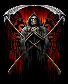 a skeleton with two crossed swords in front of a red and black background