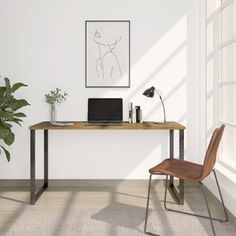 an office desk with a laptop computer on it and a potted plant next to it