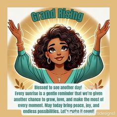 an image of a woman with her hands up and the words grand rising above her