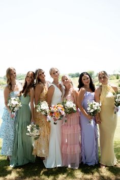 Bridesmaids Wearing Different Dresses, Bridesmaid Dresses Spring Mismatched, Pastel Fall Bridesmaid Dresses, Mauve And Sage Bridesmaid Dresses, Different Bridesmaid Dresses Mix Match Color Palettes, Colorful Floral Bridesmaid Dresses, Pale Yellow Floral Bridesmaid Dresses, Mix Match Bridal Party, Spring Colors Bridesmaid Dresses