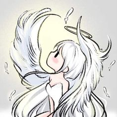 a drawing of a woman with long white hair and angel wings on her head, looking up at the sky