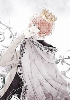 an anime character with a crown on his head and long hair wearing a white dress