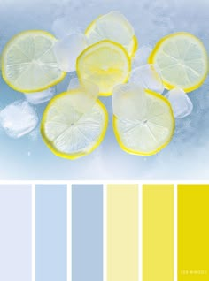 lemons and ice are arranged in shades of blue, yellow, and white to create a color scheme