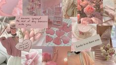 a collage of pink and white images with words on them