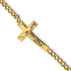 Chisel Stainless Steel Polished Yellow Ip-Plated Crucifix 8.5 Inch Bracelet 15.5 Grams. Fine Jewelry, Bracelets, Themed Bracelets, Religious Bracelets;Fine Jewelry, Bracelets, Mens Bracelets Finish: Polished, Length Of Item: 8.5 In, Plating: Ip-Plated, Chain Length: 8.5 In, Chain Type: Curb, Chain Width: 5.5 Mm, Charm/Element Length: 41 Mm, Charm/Element Width: 25 Mm, Clasp /Connector: Lobster (Fancy), Material: Primary: Stainless Steel, Width Of Item: 5.5 Mm, Packaging: Gift Boxed, Product Type Mens Christian Gifts, Themed Bracelets, Mens Items, Stainless Steel Polish, Packaging Gift, Cross Bracelet, Mens Jewelry Bracelet, Selling Jewelry, Bracelets For Men