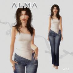 a woman in white tank top and blue jeans