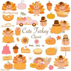 cute turkey clipart with thanksgiving decorations and pumpkins for scrapbooking or crafts