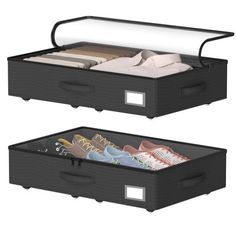 two black storage boxes with shoes and shirts inside each box, one open and the other closed