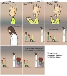 the comic strip shows how jesus is talking to someone