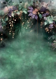 a green background with purple flowers and sparkles in the air, surrounded by greenery