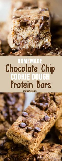 homemade chocolate chip cookie dough protein bars stacked on top of each other with text overlay