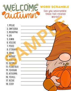 a poster with the words welcome autumn and an image of a gnome holding a pumpkin