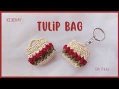 two crocheted purses with red roses on them and the words tulip bag