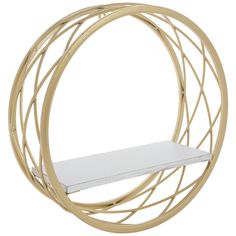 a gold circular shelf with white shelves in the middle