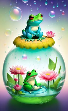 a frog sitting on top of a flower in a glass bowl with water droplets around it