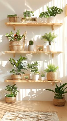 several potted plants are arranged on wooden shelves