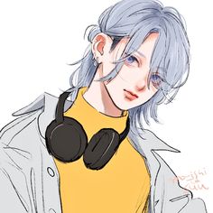 a drawing of a person with headphones on their ears and wearing a yellow shirt