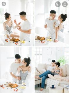 a man and woman sitting on a couch with food in front of them, while another couple is kissing