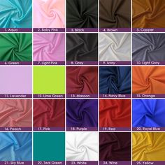 different colors of satin fabric with the names and numbers on them, all in one color