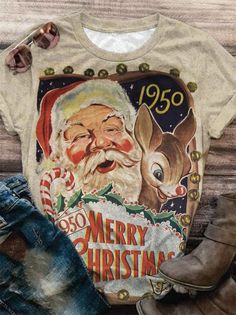 Retro Merry Christmas Metal Sign Santa Crew Neck T-Shirt Christmas Sublimation Shirts, Retro Merry Christmas, Christmas Sweater Design, Christmas Metal, Sublimation Ideas, Christmas Tshirt, Effortless Fashion, Christmas Merry, Xmas Party