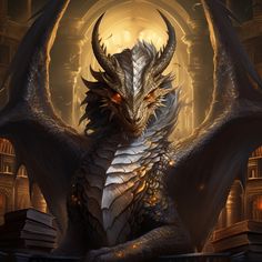 a dragon sitting on top of a pile of books