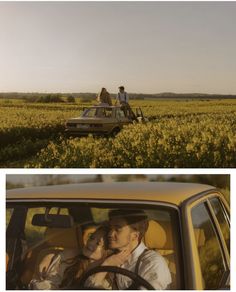 two pictures of people sitting in the back seat of a car