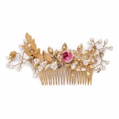 Experience feminine elegance at its finest with our timeless gold comb, adorned with a robust glass pink ombre rose surrounded by a glistening ocean of freshwater pearls and Austrian crystals.  The shimmering beauty extends across a 24-karat gold-plated field of leaves and roses, exuding grace with every detail. Delicate sprays of white pearls and crystals add to the allure, their lightweight and adjustable design ensuring both comfort and style. Style C020 - Rose with Pearls Comb Artfully hand- Bridal Boho Headpiece, Flower Crown Beach, Garden Wedding Hair, Beach Garden Wedding, Boho Bridal Headpiece, Garden Wedding Hairstyles, Pearl Comb, Ombre Rose, Feminine Gifts