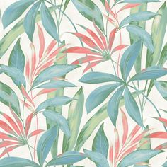 a wallpaper with green, red and pink leaves on white background in shades of pastel colors