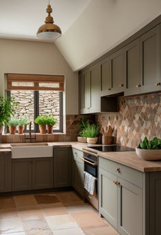 a kitchen filled with lots of counter top space and potted plants on the counters