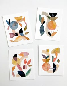 four watercolor paintings on white paper with leaves