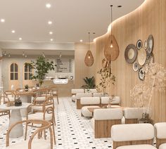 the interior of a modern restaurant with white and wood furniture, potted plants on the wall