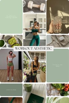 a collage of photos with the words workout aesthetic written in white and green colors