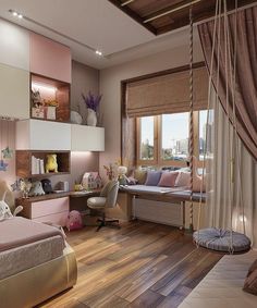 a bedroom with pink walls and wooden floors is pictured in this artist's rendering