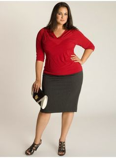 Plus-size wardrobe staples: Wardrobe Crisis Tips for Curvy Women.   #4 PENCIL SKIRT: This silhouette is waist trimming and thigh slimming. It works well for casual or professional wear. On the knee or just under the knee is the most flattering length for curvy figures. Skirt linings help minimize clinging. Plus Size Pencil Skirt, Designer Plus Size Clothing, Below The Knee Dresses, Skirt Pencil, Plus Size Designers, Girl Needs, Health Eating, Professional Dresses, Girl Swag