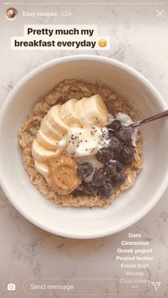 a bowl of oatmeal topped with bananas and raisins