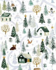 a white background with trees, houses and animals in the snow on top of it