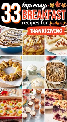 the cover of 33 easy breakfast recipes for thanksgiving, including pies and desserts