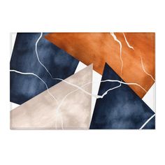 an abstract painting with blue, orange and white colors on it's surface is shown