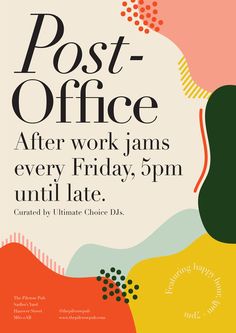 the poster for post office after work jams every friday, 5pm until late