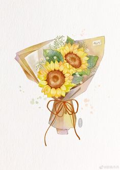 a watercolor painting of sunflowers tied to a paper with an envelope in the background