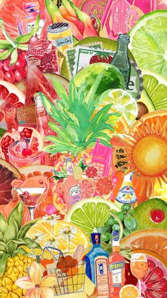 a painting of various fruits and drinks on a colorful background with watermelon, pineapples, oranges, limes, lemons