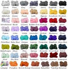 different colors of yarn for knitting and crochet, with the names in each