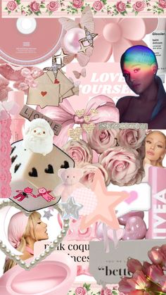 the collage is full of pink roses and other things that are all over it