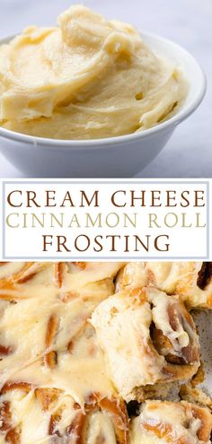 cream cheese cinnamon roll frosting in a white bowl with text overlay that reads, cream cheese cinnamon roll frosting